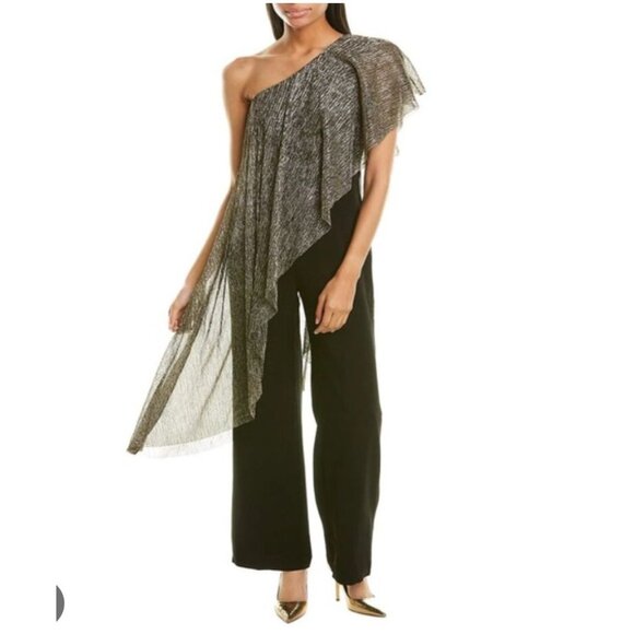 Trina Turk Eastern Luxe Koi Metallic One-Shoulder Jumpsuit Evening Gold Black 12 - Picture 2 of 16